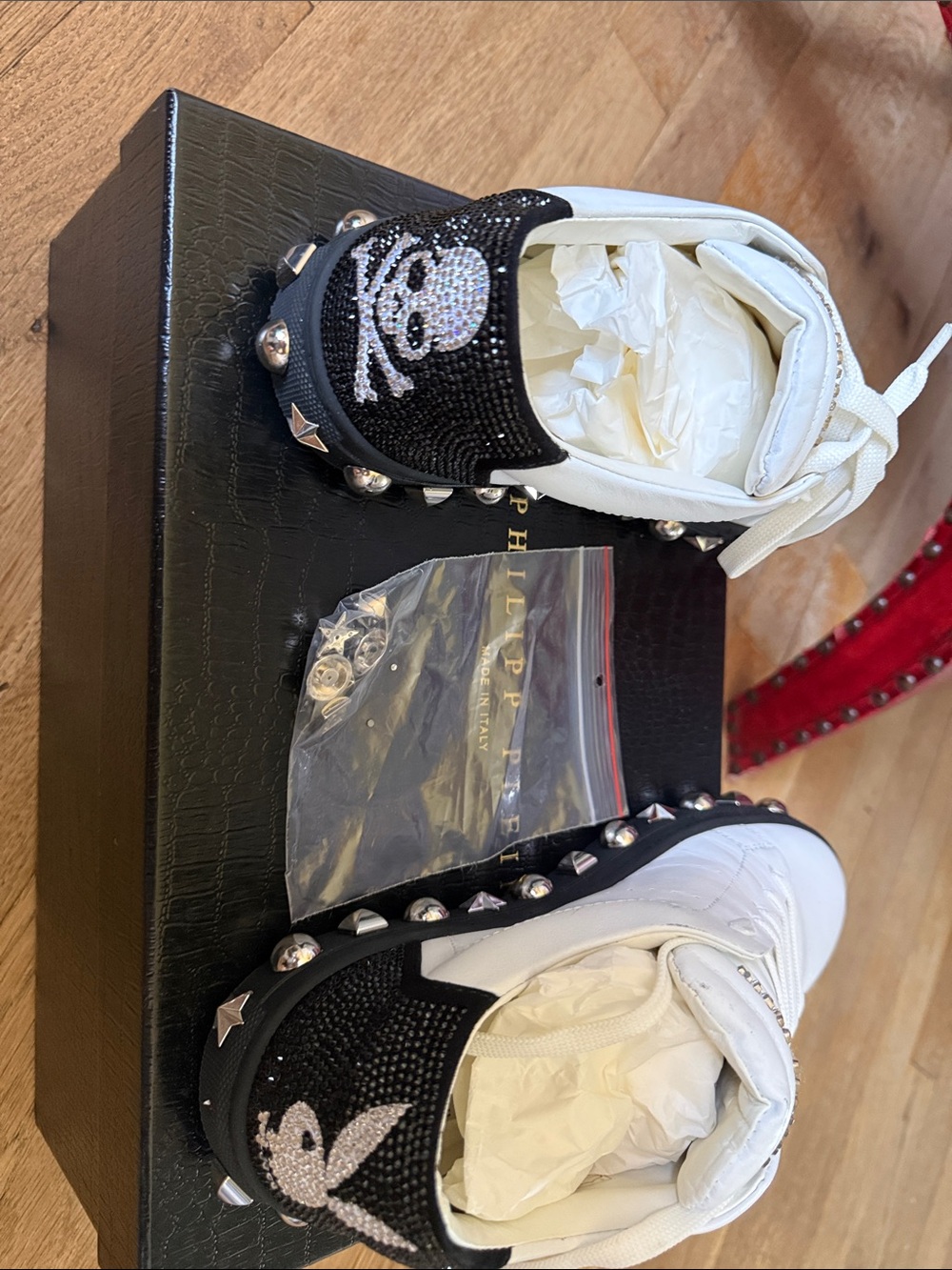 Philipp Plein White Leather Sneakers with Black Sole & Gold Studs - Picture 2 of 5